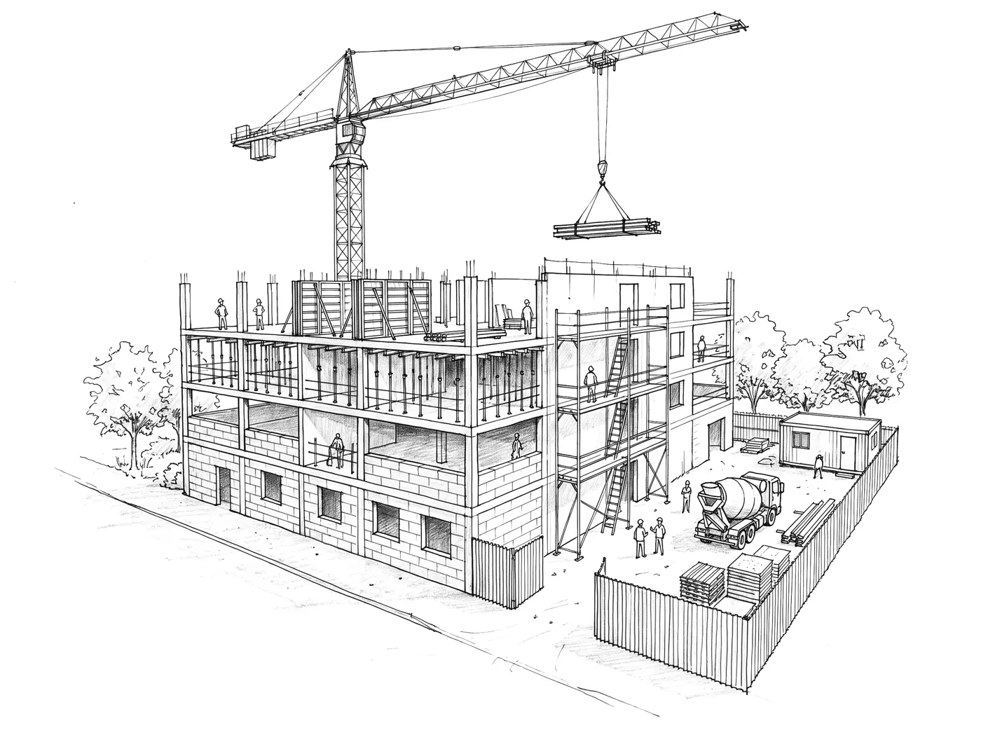 Croquis d'un chantier : ossature béton, échafaudage et grue à tour
