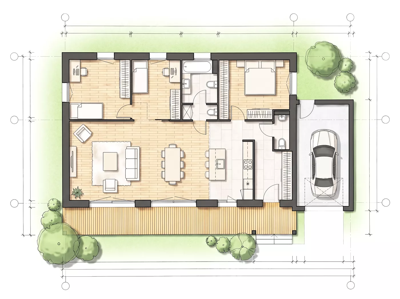 Plan de rez-de-chaussée d'une maison individuelle, de l'esquisse au plan couleur